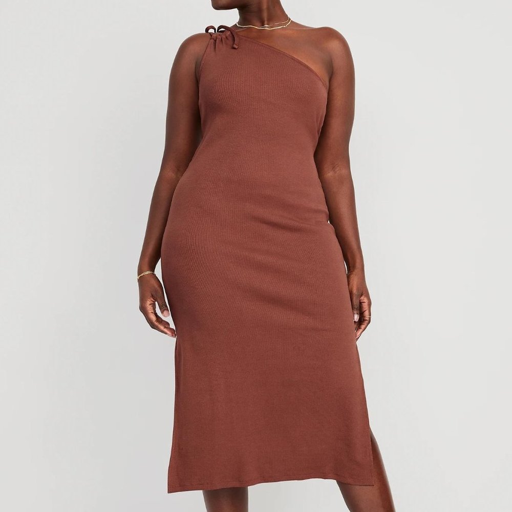 Old Navy Fitted One-Shoulder Double-Strap Rib-Knit Midi Dress for Women New - Picture 4 of 7